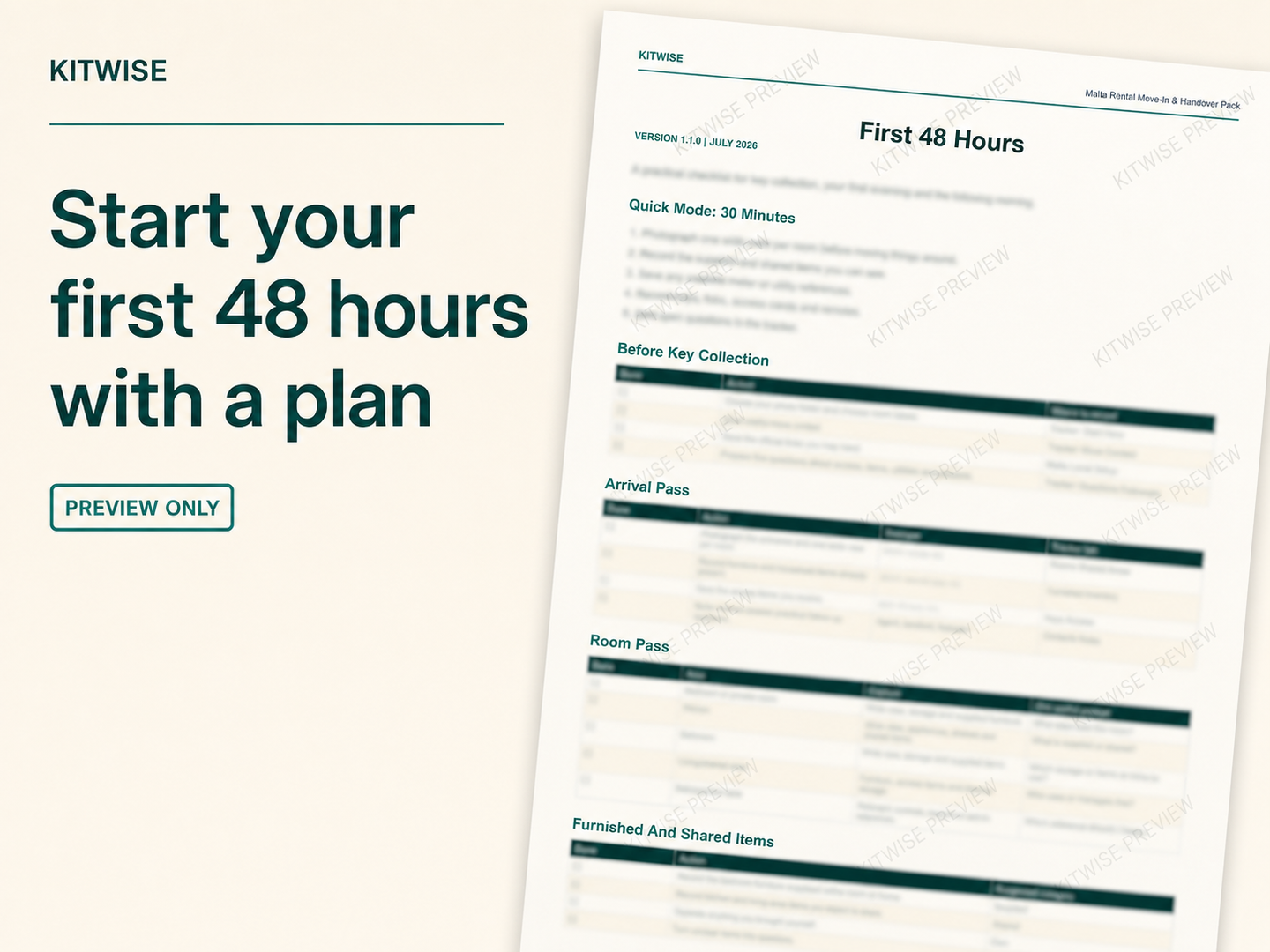 Protected preview of the Kitwise First 48 Hours checklist for Malta renters
