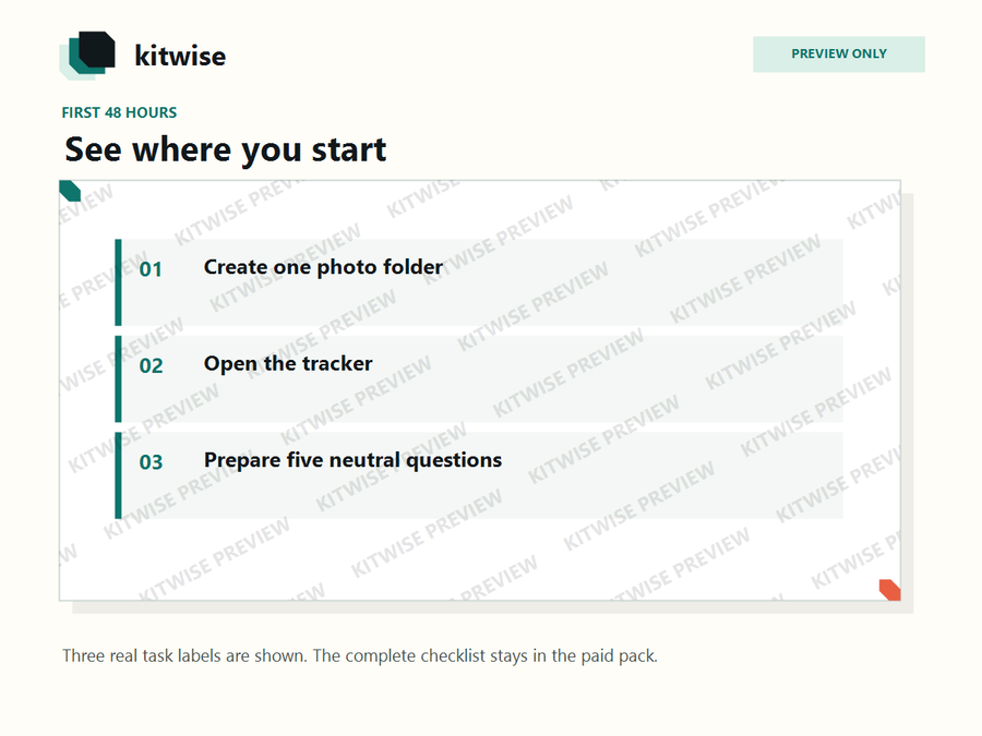 Kitwise First 48 Hours preview showing a practical move-in checklist for Malta renters