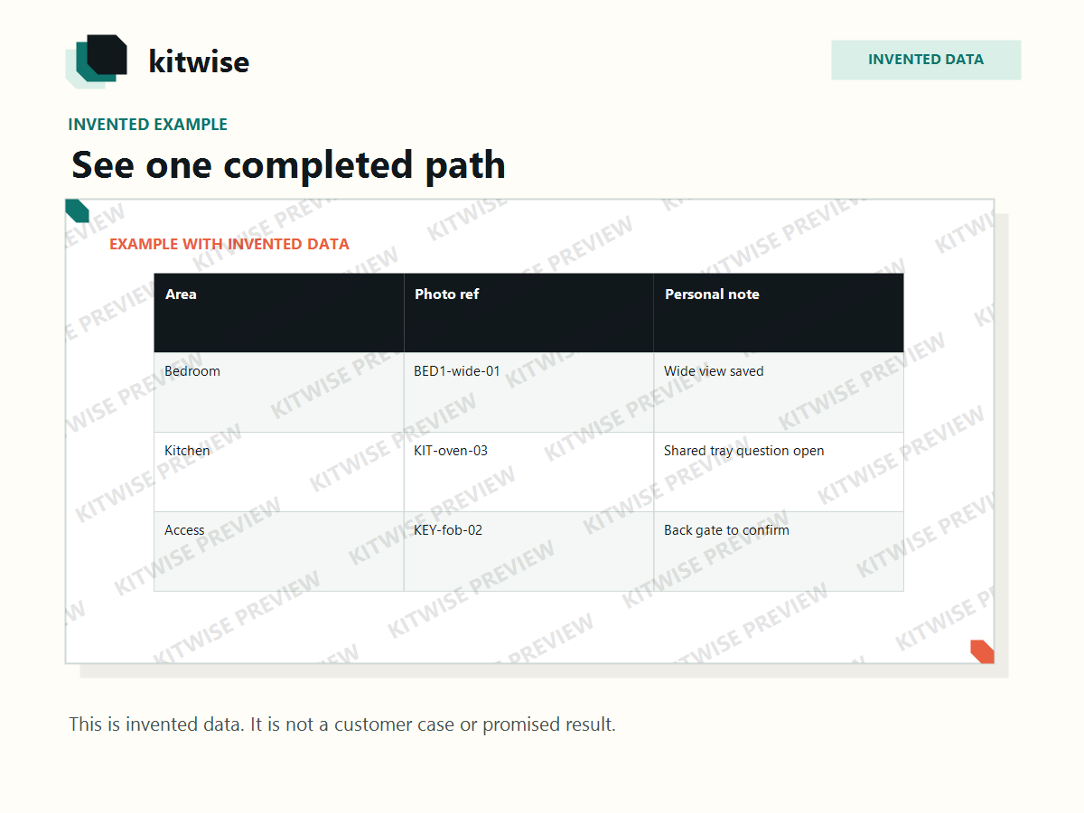 Invented Kitwise handover example demonstrating how a renter can document condition and actions