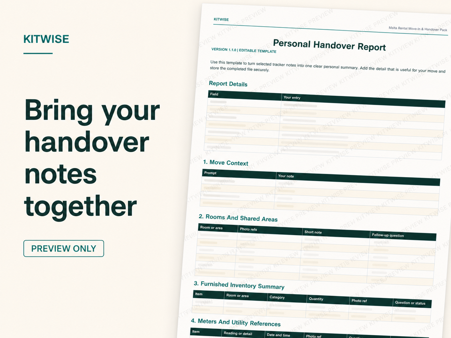 Protected preview of the Kitwise Personal Handover Report template