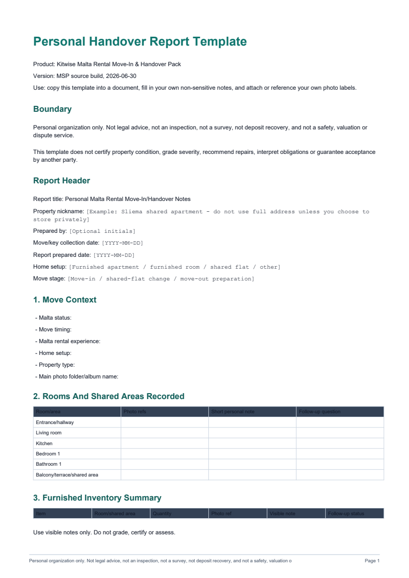 Preview of Kitwise personal handover report template